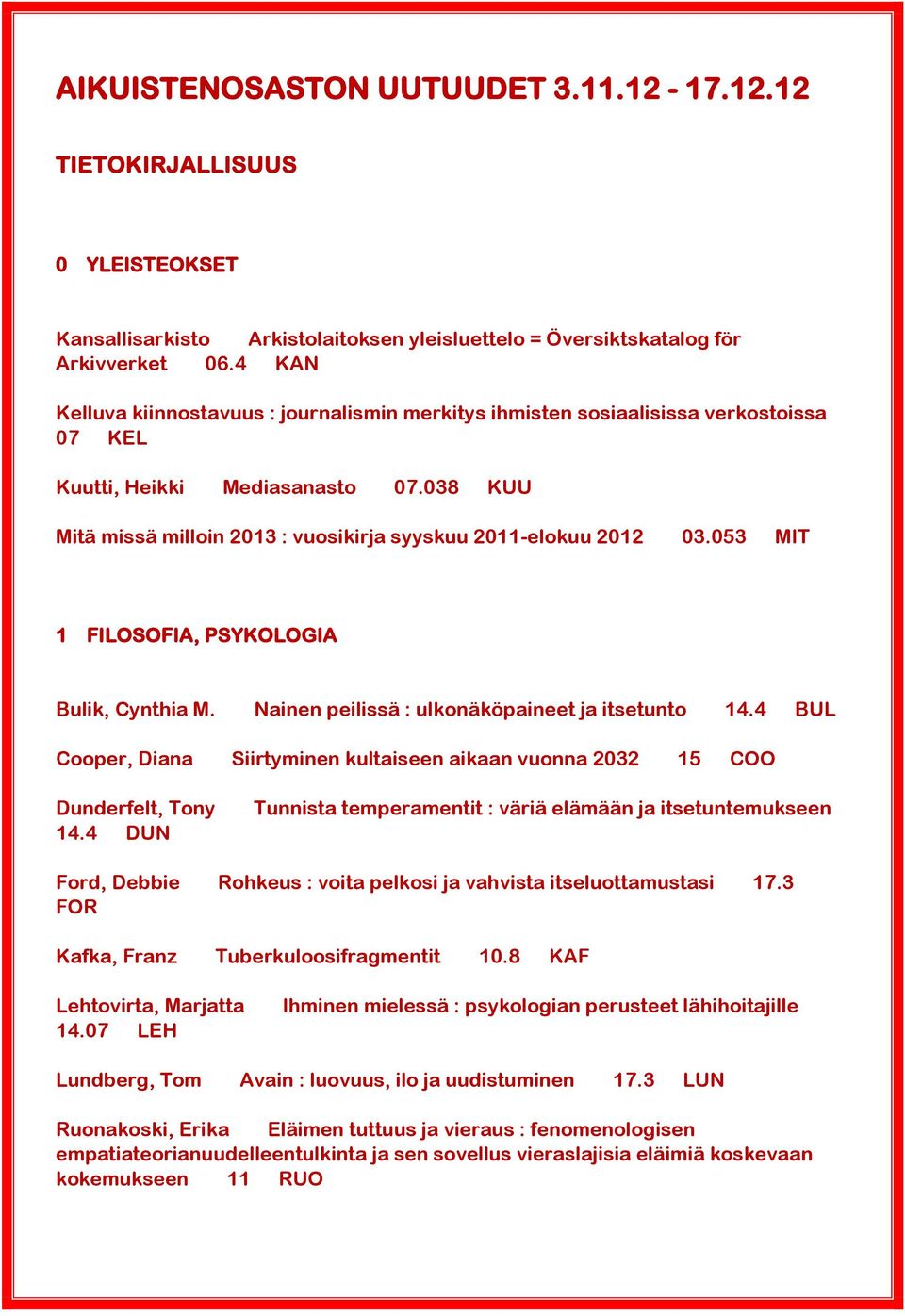 053 MIT 1 FILOSOFIA, PSYKOLOGIA Bulik, Cynthia M. Nainen peilissä : ulkonäköpaineet ja itsetunto 14.4 BUL Cooper, Diana Siirtyminen kultaiseen aikaan vuonna 2032 15 COO Dunderfelt, Tony 14.