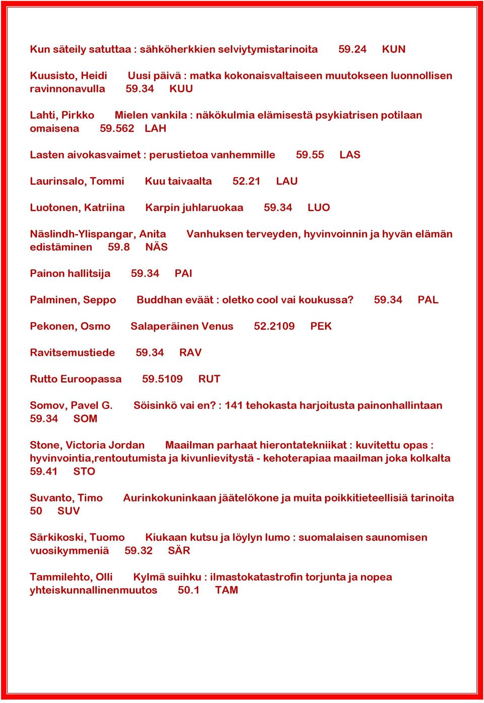 21 LAU Luotonen, Katriina Karpin juhlaruokaa 59.34 LUO Näslindh-Ylispangar, Anita edistäminen 59.8 NÄS Vanhuksen terveyden, hyvinvoinnin ja hyvän elämän Painon hallitsija 59.