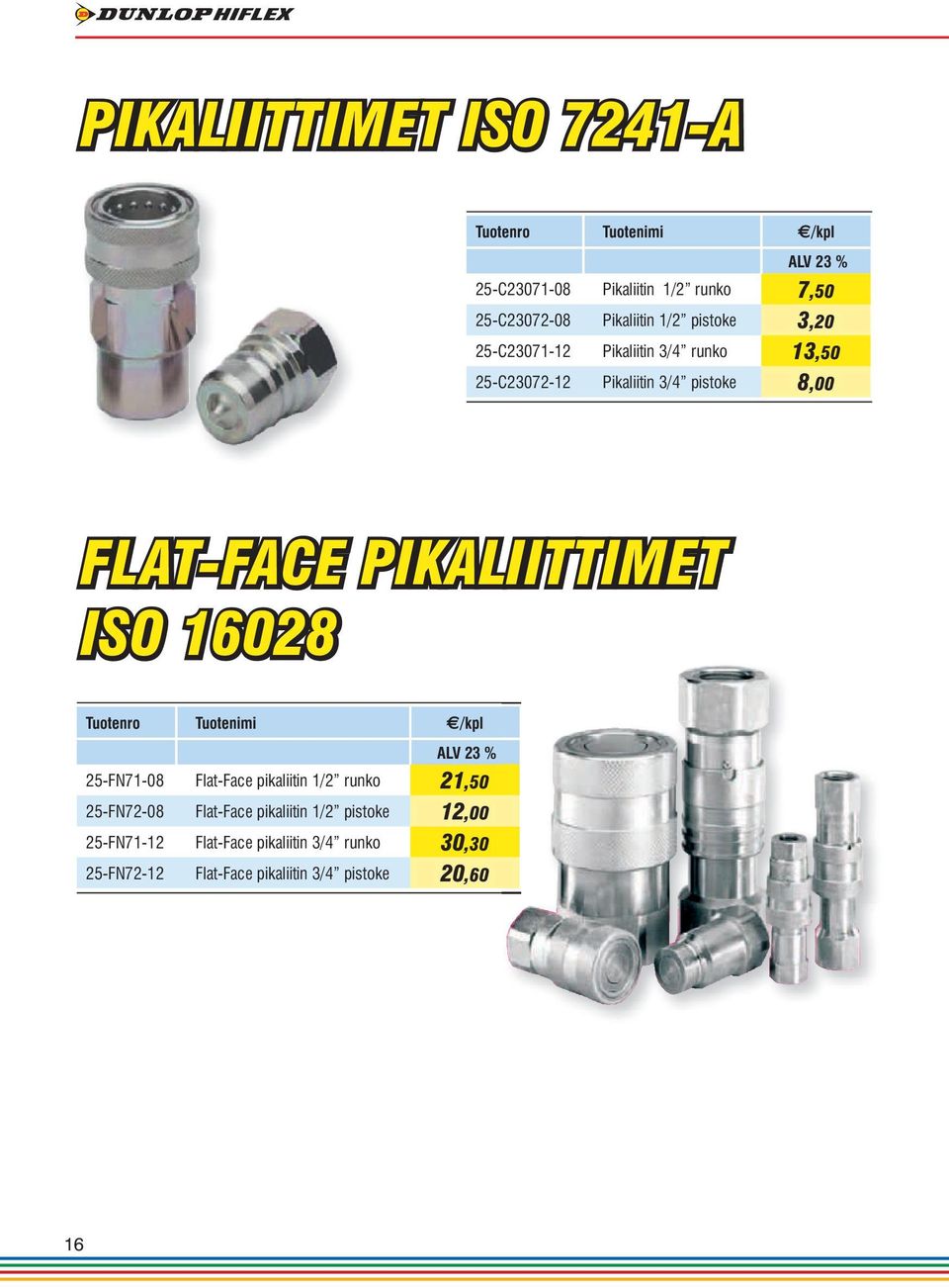 PIKALIITTIMET ISO 16028 Tuotenro Tuotenimi /kpl 25-FN71-08 Flat-Face pikaliitin 1/2 runko 21,50 25-FN72-08 Flat-Face