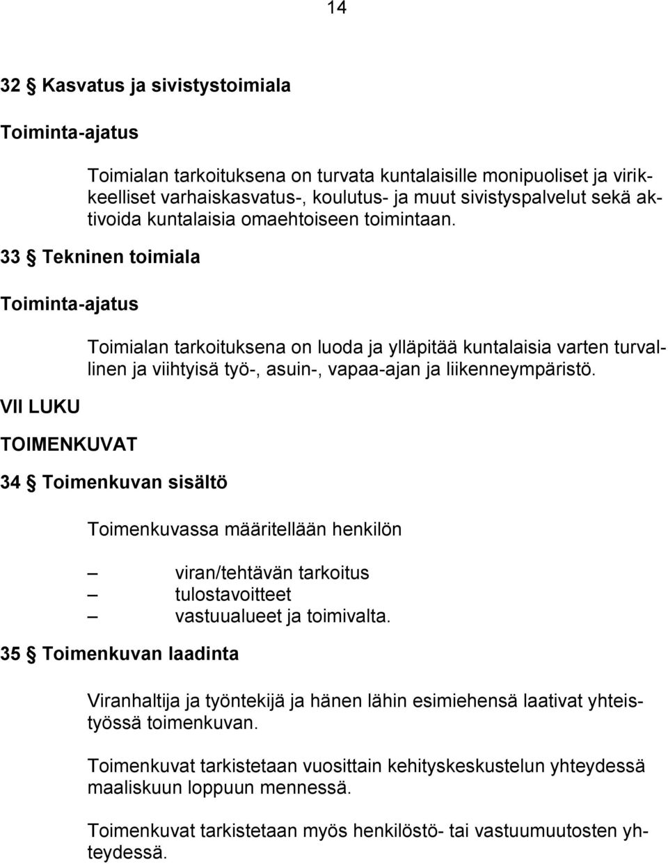 33 Tekninen toimiala Toiminta-ajatus VII LUKU TOIMENKUVAT Toimialan tarkoituksena on luoda ja ylläpitää kuntalaisia varten turvallinen ja viihtyisä työ-, asuin-, vapaa-ajan ja liikenneympäristö.