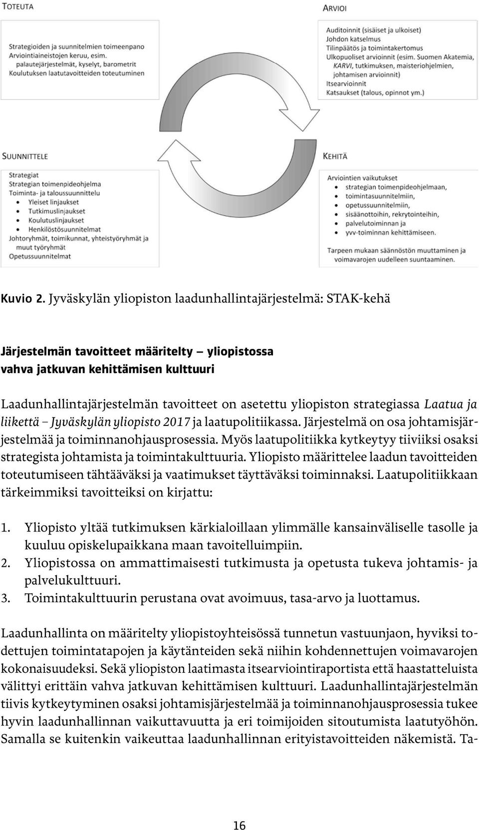 yliopiston strategiassa Laatua ja liikettä Jyväskylän yliopisto 2017 ja laatupolitiikassa. Järjestelmä on osa johtamisjärjestelmää ja toiminnanohjausprosessia.