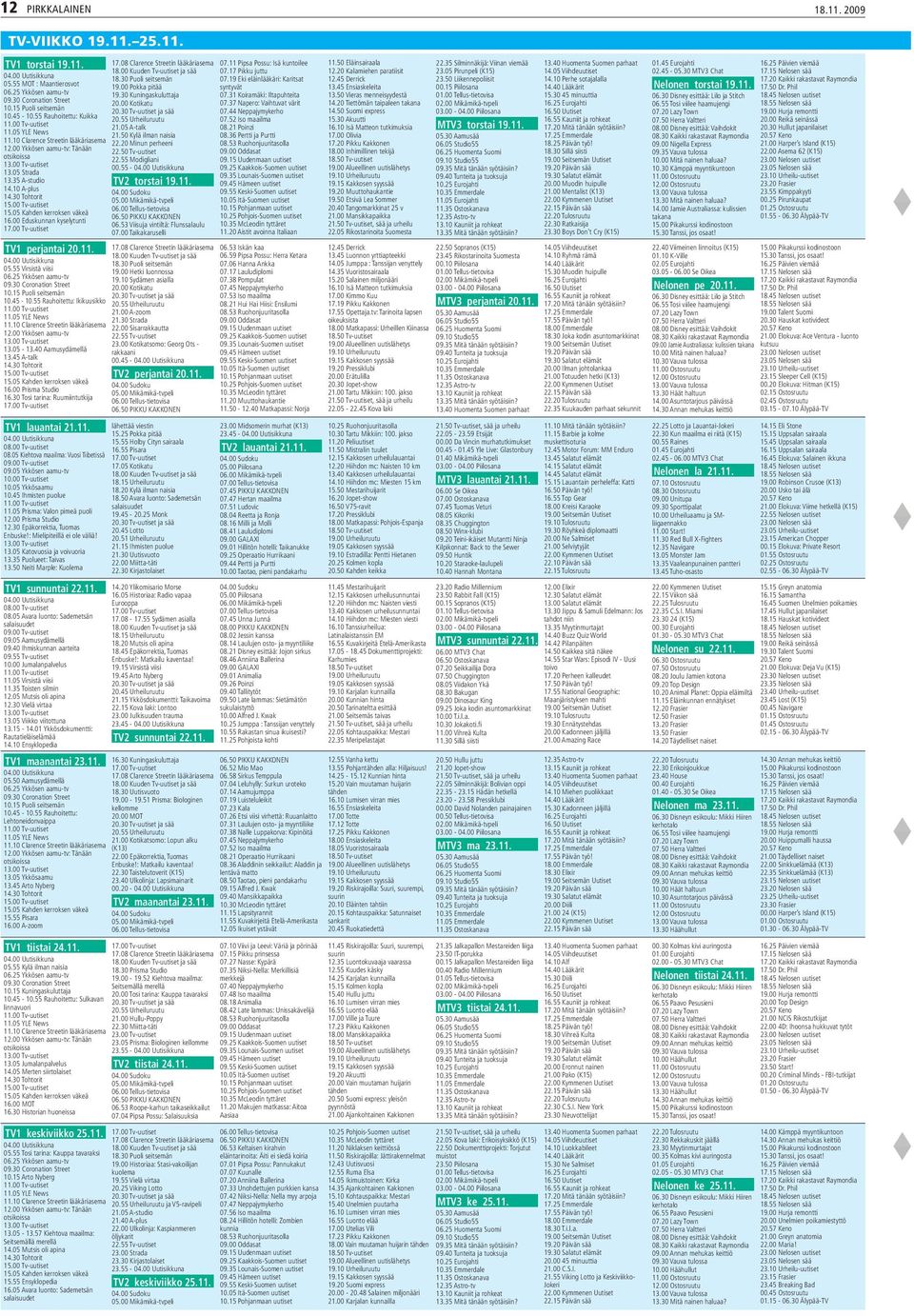 30 Tohtorit 15.00 Tv-uutiset 15.05 Kahden kerroksen väkeä 16.00 Eduskunnan kyselytunti 17.00 Tv-uutiset TV1 perjantai 20.11. 04.00 Uutisikkuna 05.55 Virsistä viisi 06.25 Ykkösen aamu-tv 09.