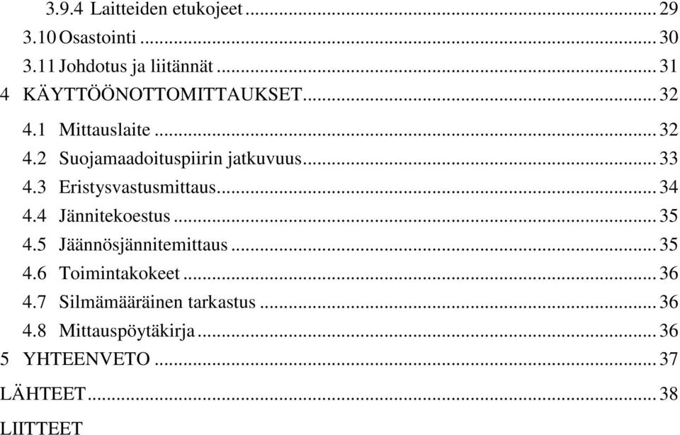 .. 33 4.3 Eristysvastusmittaus... 34 4.4 Jännitekoestus... 35 4.5 Jäännösjännitemittaus... 35 4.6 Toimintakokeet.