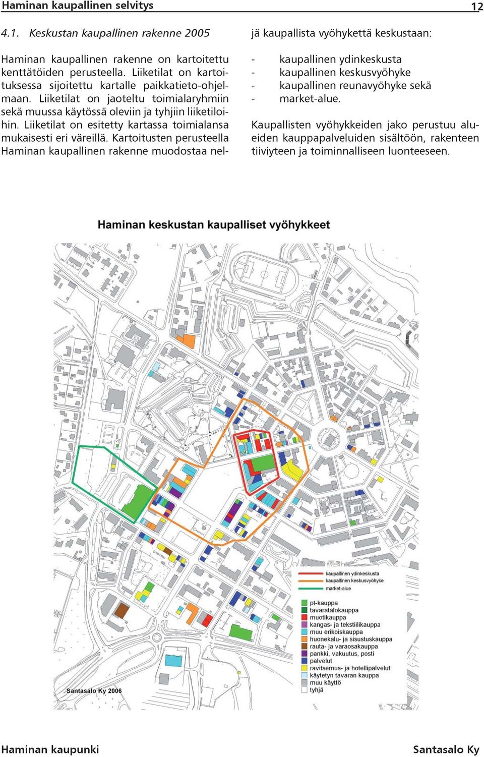 Liiketilat on esitetty kartassa toimialansa mukaisesti eri väreillä.