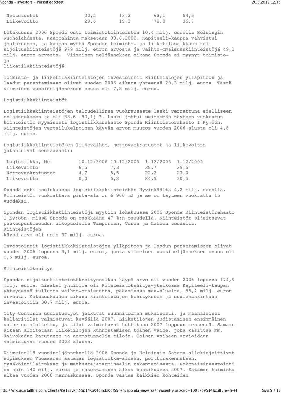 euron arvosta. Viimeisen neljänneksen aikana Sponda ei myynyt toimistoja liiketilakiinteistöjä.