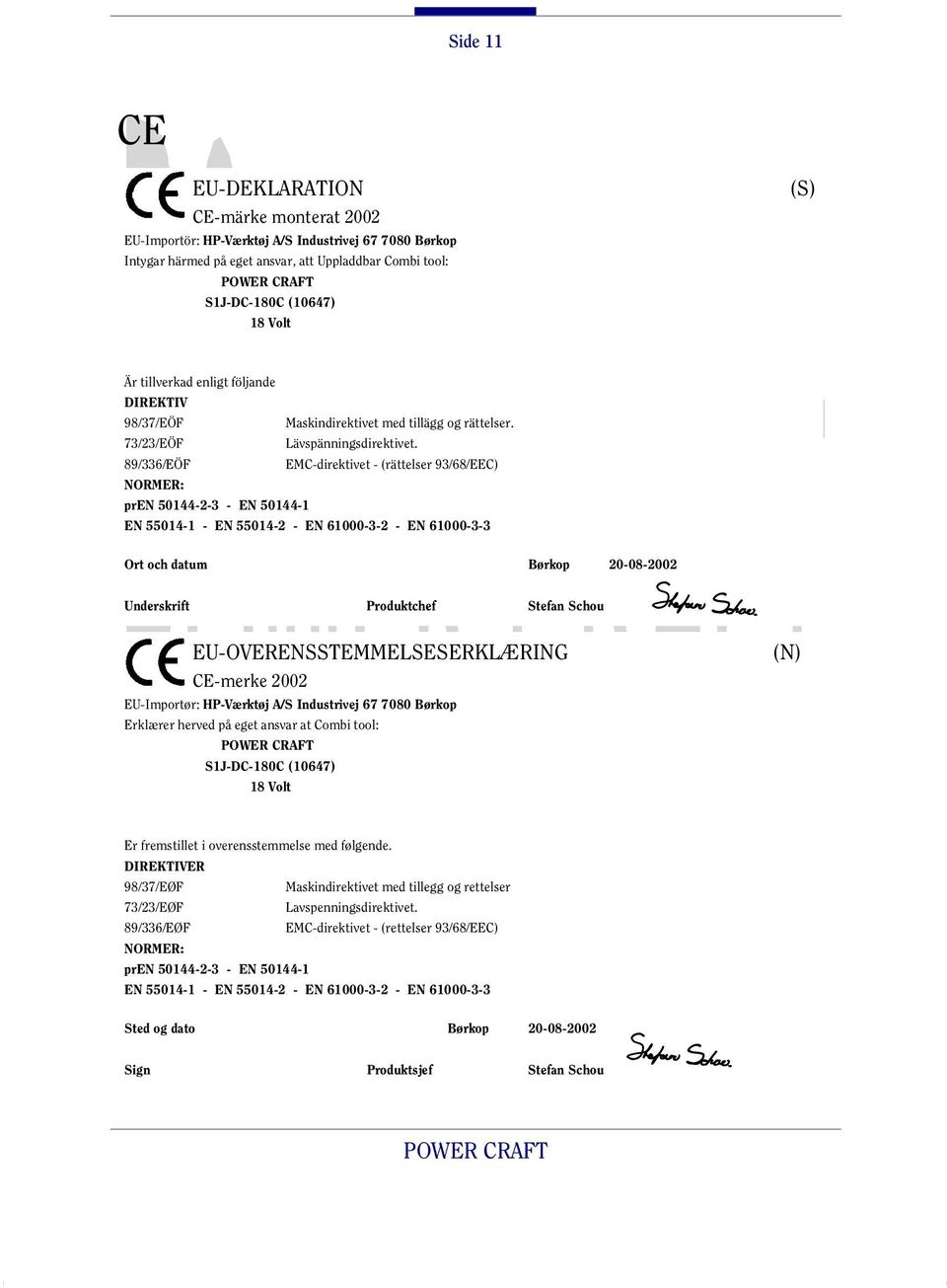 89/336/EÖF EMC-direktivet - (rättelser 93/68/EEC) NORMER: pren 50144-2-3 - EN 50144-1 Ort och datum Børkop 20-08-2002 Underskrift Produktchef Stefan Schou EU-OVERENSSTEMMELSESERKLÆRING (N) CE-merke