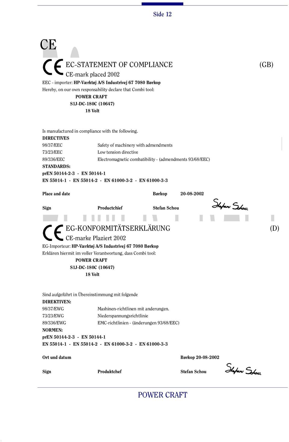 DIRECTIVES 98/37/EEC Safety of machinery with admendments 73/23/EEC Low tension directive 89/336/EEC Electromagnetic combatibility - (admendments 93/68/EEC) STANDARDS: pren 50144-2-3 - EN 50144-1