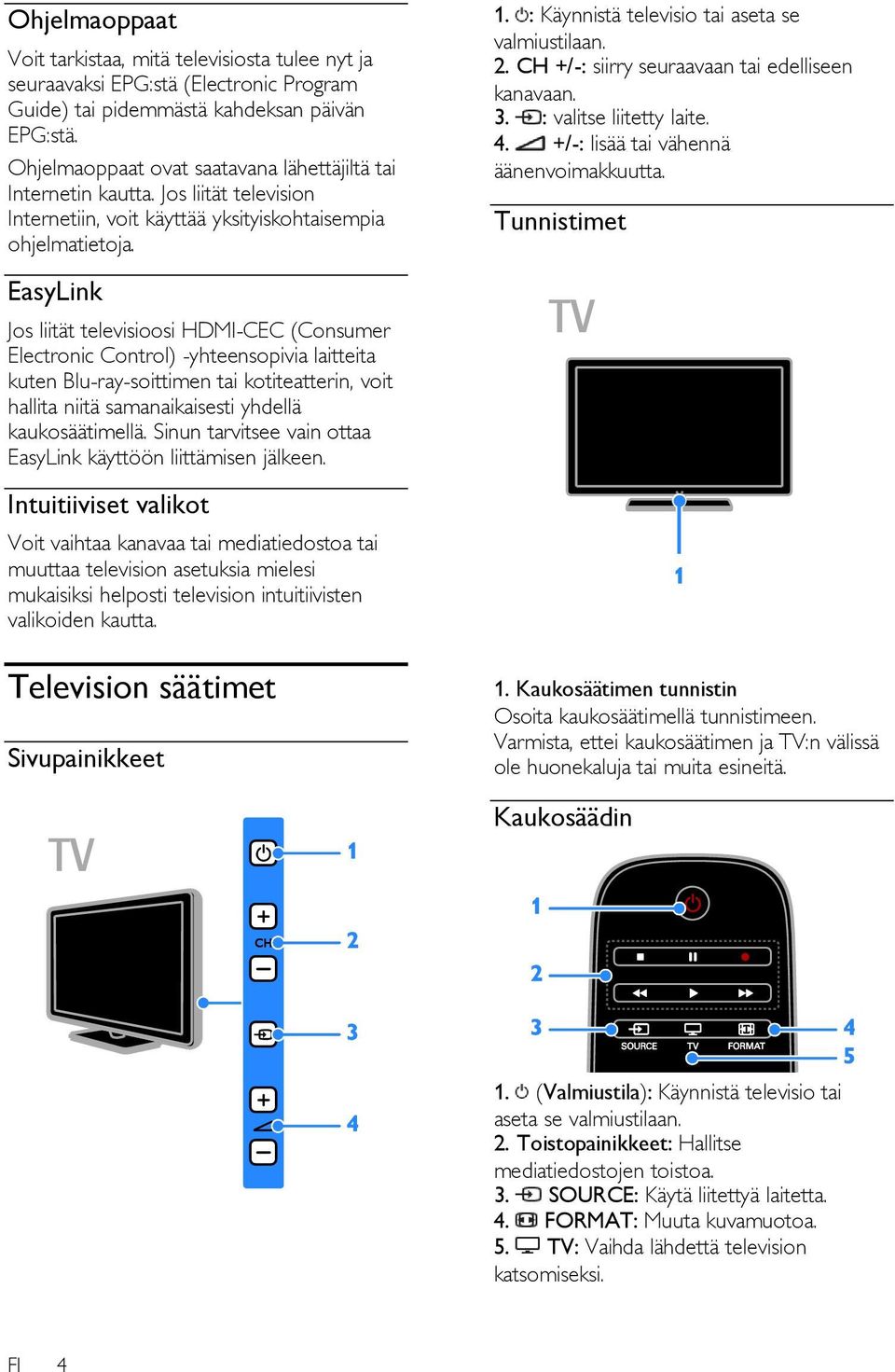 EasyLink Jos liität televisioosi HDMI-CEC (Consumer Electronic Control) -yhteensopivia laitteita kuten Blu-ray-soittimen tai kotiteatterin, voit hallita niitä samanaikaisesti yhdellä kaukosäätimellä.