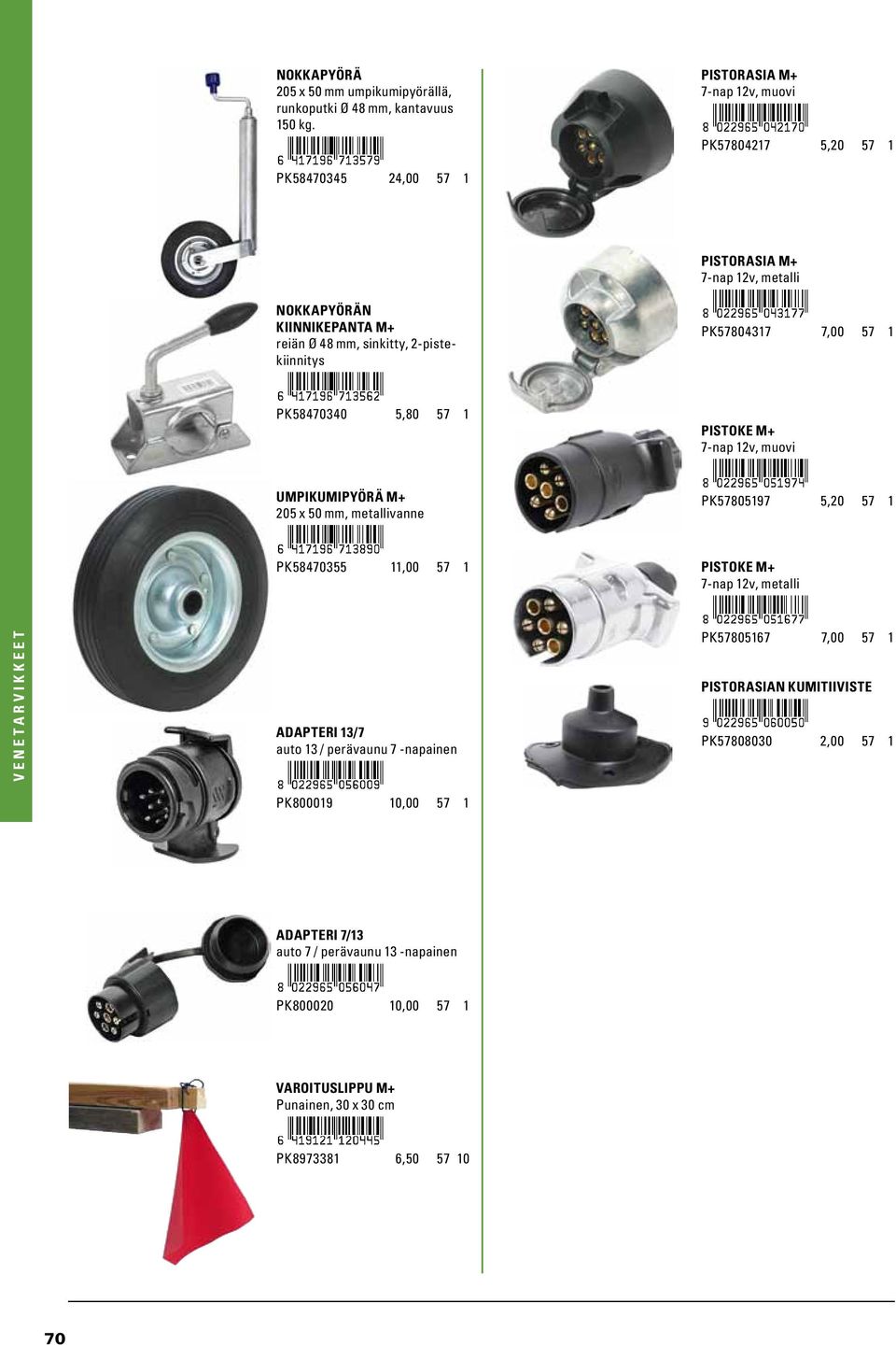 2-pistekiinnitys PK57804317 7,00 57 1 PK58470340 5,80 57 1 PISTOKE M+ 7-nap 12v, muovi UMPIKUMIPYÖRÄ M+ 205 x 50 mm, metallivanne PK57805197 5,20 57 1 PK58470355 11,00 57 1