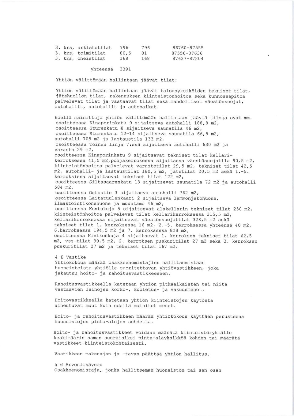 tilat, jätehuollon tilat, rakennuksen kiinteistönhoitoa sekä kunnossapitoa palvelevat tilat ja va5taavat tilat sekä mahdolliset väestönsuojat, autohallit, autotallit ja autopaikat.