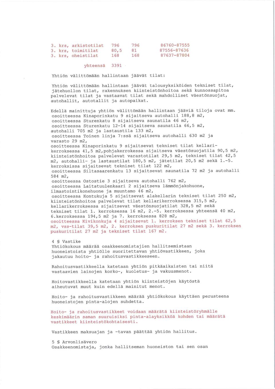 tilat, jätehuollon tilat, rakennuksen kiinteistönhoitoa sekä kunnossapitoa palvelevat tilat ja vastaavat tilat sekä mahdolliset väestönsuojat, autohallit, autotallit ja autopaikat.