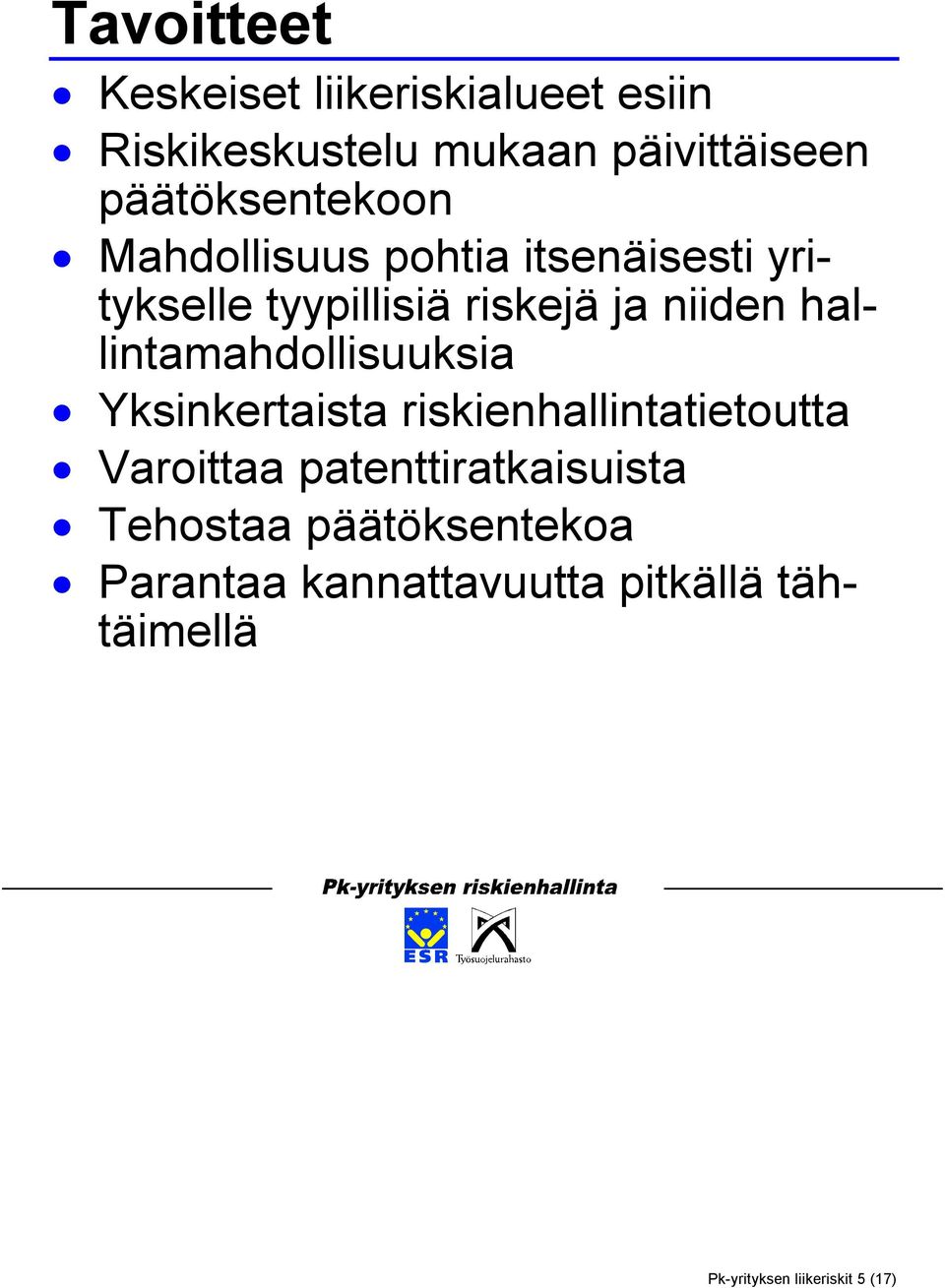 hallintamahdollisuuksia Yksinkertaista riskienhallintatietoutta Varoittaa