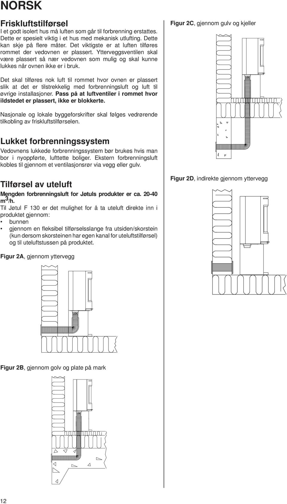 Figur 2C, gjennom gulv og kjeller Det skal tilføres nok luft til rommet hvor ovnen er plassert slik at det er tilstrekkelig med forbrenningsluft og luft til øvrige installasjoner.