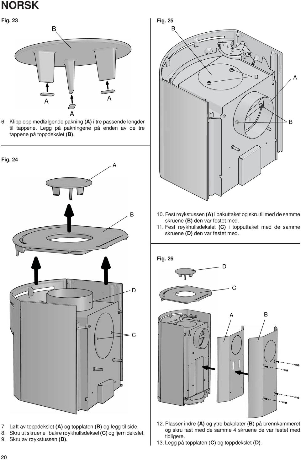 Fest røykhullsdekslet (C) i topputtaket med de samme skruene (D) den var festet med. Fig. 26 D D C C 7. Løft av toppdekslet () og topplaten () og legg til side. 8.