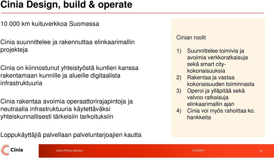 yhteiskunnallisesti tärkeisiin tarkoituksiin Cinian roolit 1) Suunnittelee toimivia ja avoimia verkkoratkaisuja sekä smart citykokonaisuuksia 2) Rakentaa ja vastaa