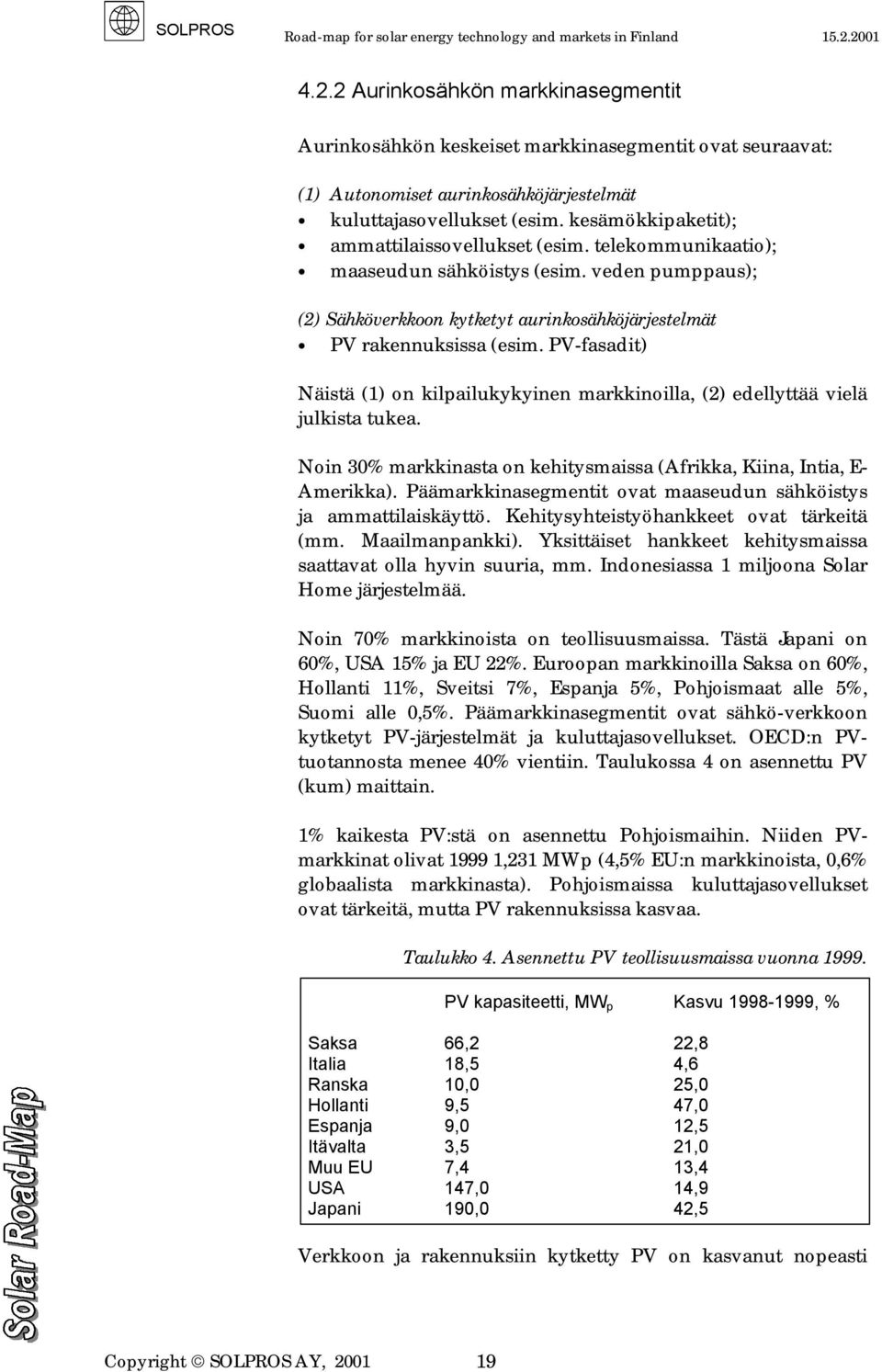 PV-fasadit) Näistä (1) on kilpailukykyinen markkinoilla, (2) edellyttää vielä julkista tukea. Noin 30% markkinasta on kehitysmaissa (Afrikka, Kiina, Intia, E- Amerikka).