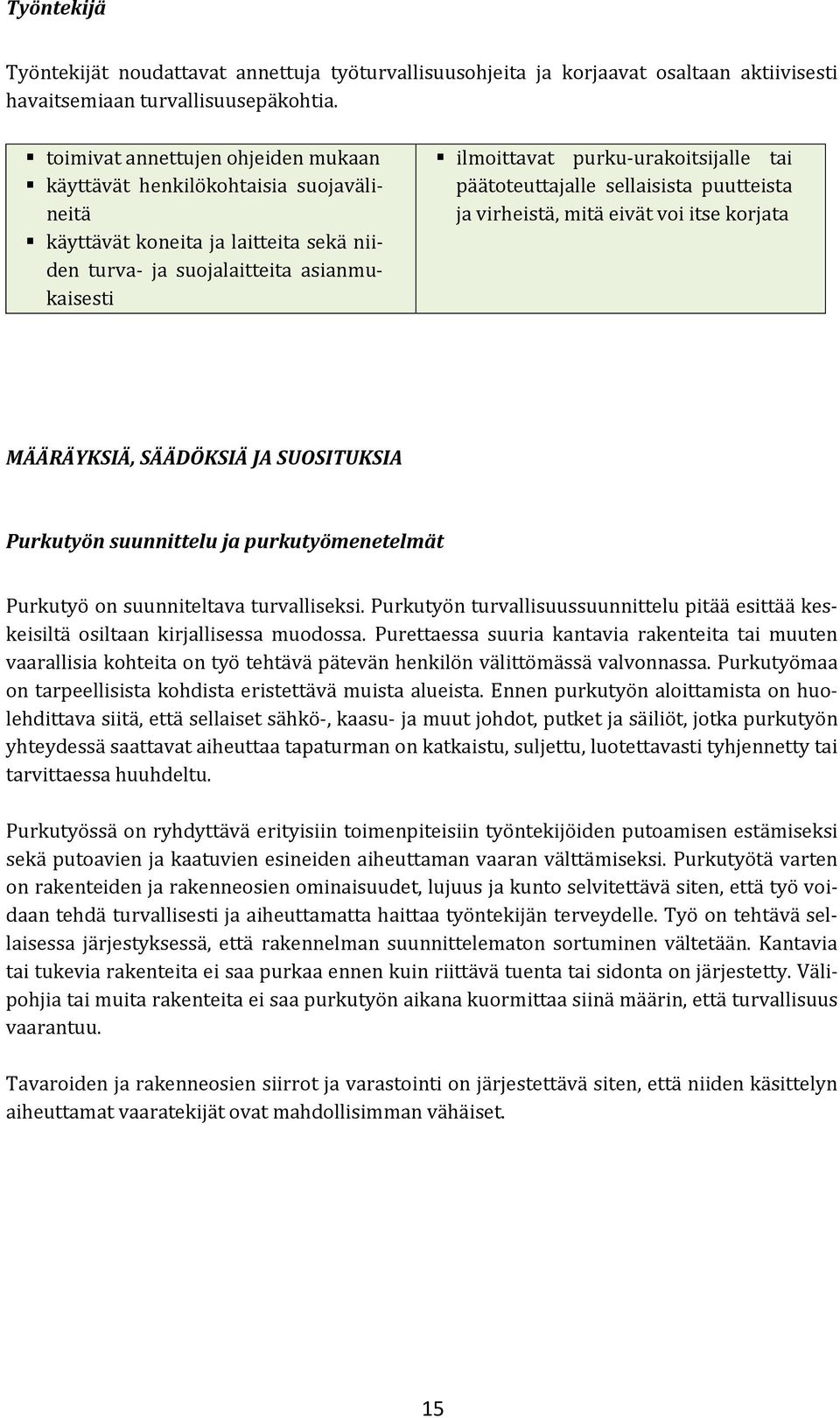 päätoteuttajalle sellaisista puutteista ja virheistä, mitä eivät voi itse korjata MÄÄRÄYKSIÄ, SÄÄDÖKSIÄ JA SUOSITUKSIA Purkutyön suunnittelu ja purkutyömenetelmät Purkutyö on suunniteltava