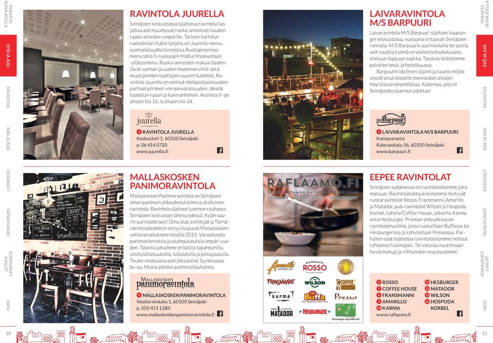 Prisman yhteydessä on ravintolamaailma, jossa ruokaillaan Buffassa tai Hesburgerissa ja kahvitellaan Pressossa. Parhaiten saat lisätietoa ravintoloistamme netissä raflaamo.fi/seinajoki.
