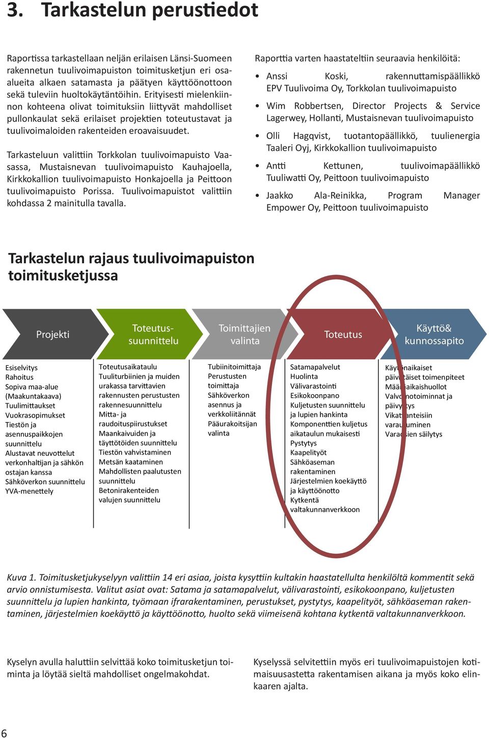 Tarkasteluun valittiin Torkkolan tuulivoimapuisto Vaasassa, Mustaisnevan tuulivoimapuisto Kauhajoella, Kirkkokallion tuulivoimapuisto Honkajoella ja Peittoon tuulivoimapuisto Porissa.