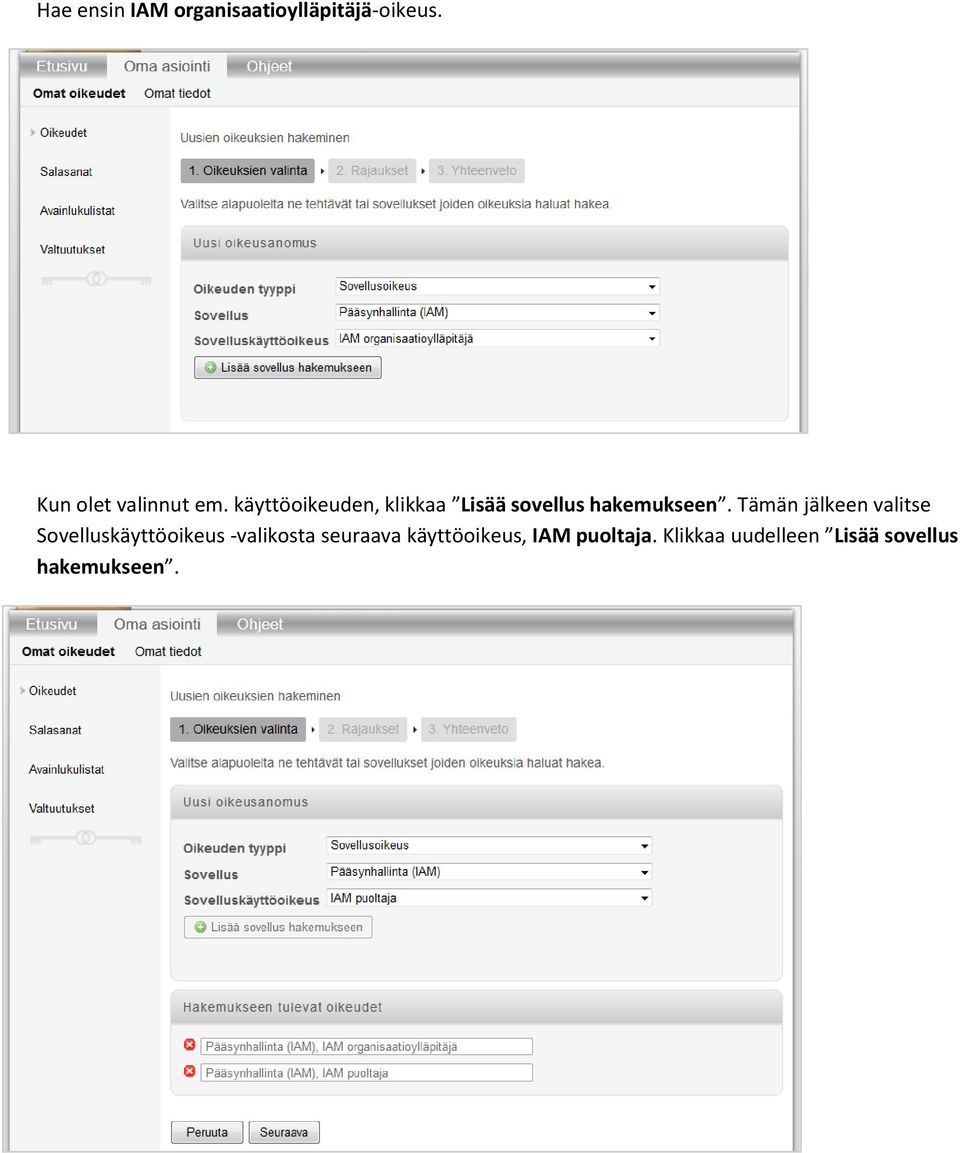 käyttöoikeuden, klikkaa Lisää sovellus hakemukseen.
