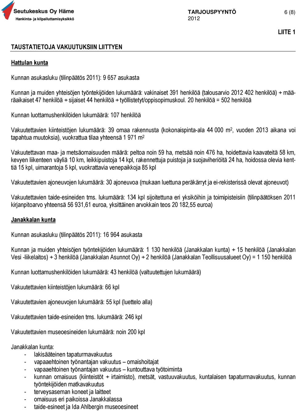 20 henkilöä = 502 henkilöä Kunnan luottamushenkilöiden lukumäärä: 107 henkilöä Vakuutettavien kiinteistöjen lukumäärä: 39 omaa rakennusta (kokonaispinta-ala 44 000 m 2, vuoden 2013 aikana voi