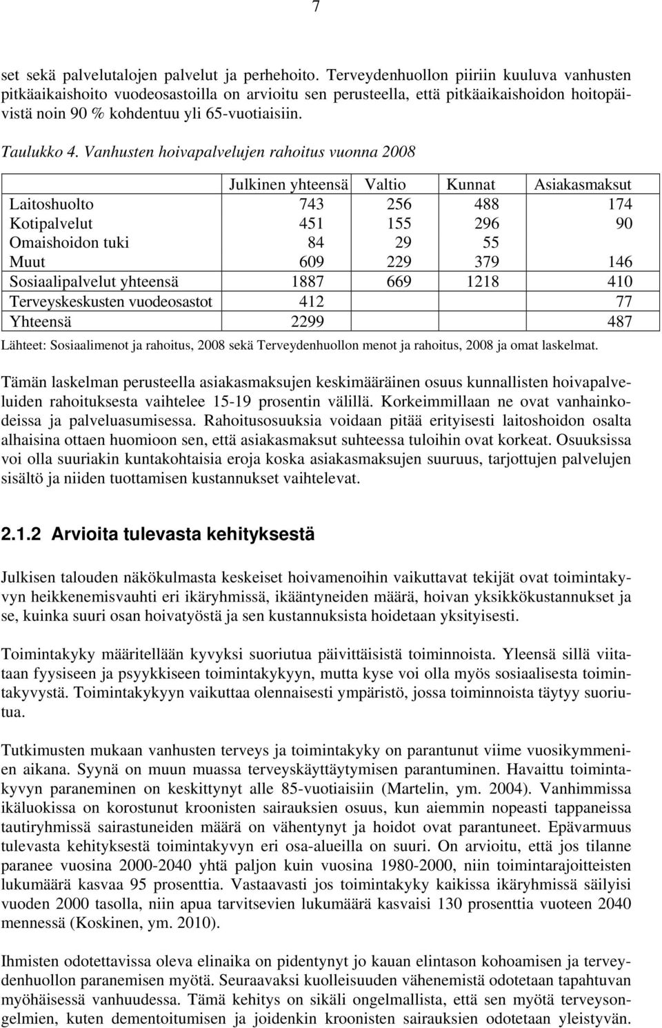 Vanhusten hoivapalvelujen rahoitus vuonna 28 Julkinen yhteensä Valtio Kunnat Asiakasmaksut Laitoshuolto 743 256 488 174 Kotipalvelut 451 155 296 9 Omaishoidon tuki 84 29 55 Muut 69 229 379 146