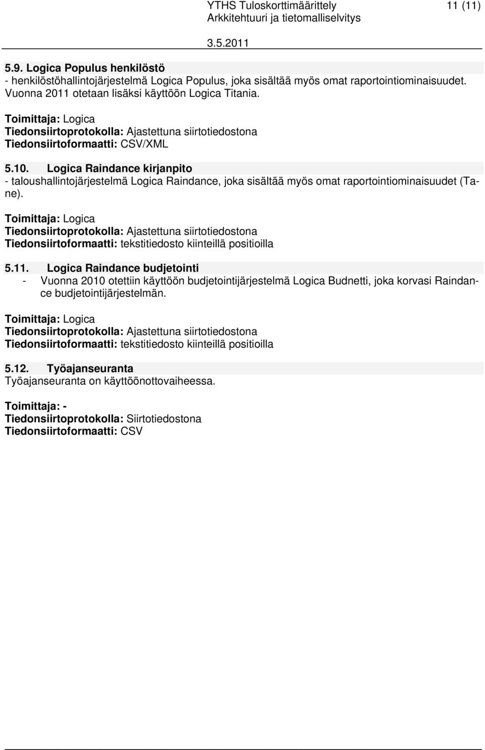 Toimittaja: Logica Tiedonsiirtoprotokolla: Ajastettuna siirtotiedostona Tiedonsiirtoformaatti: CSV/XML 5.10.