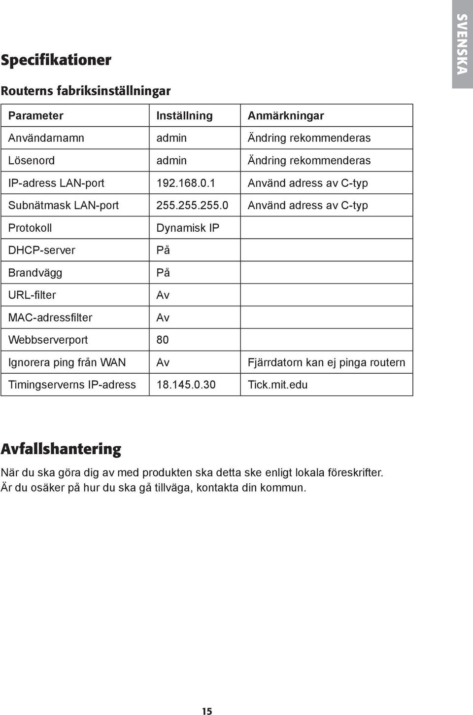 255.255.0 Använd adress av C-typ Protokoll DHCP-server Brandvägg URL-fi lter MAC-adressfi lter Dynamisk IP På På Av Av Webbserverport 80 Ignorera ping från WAN Av