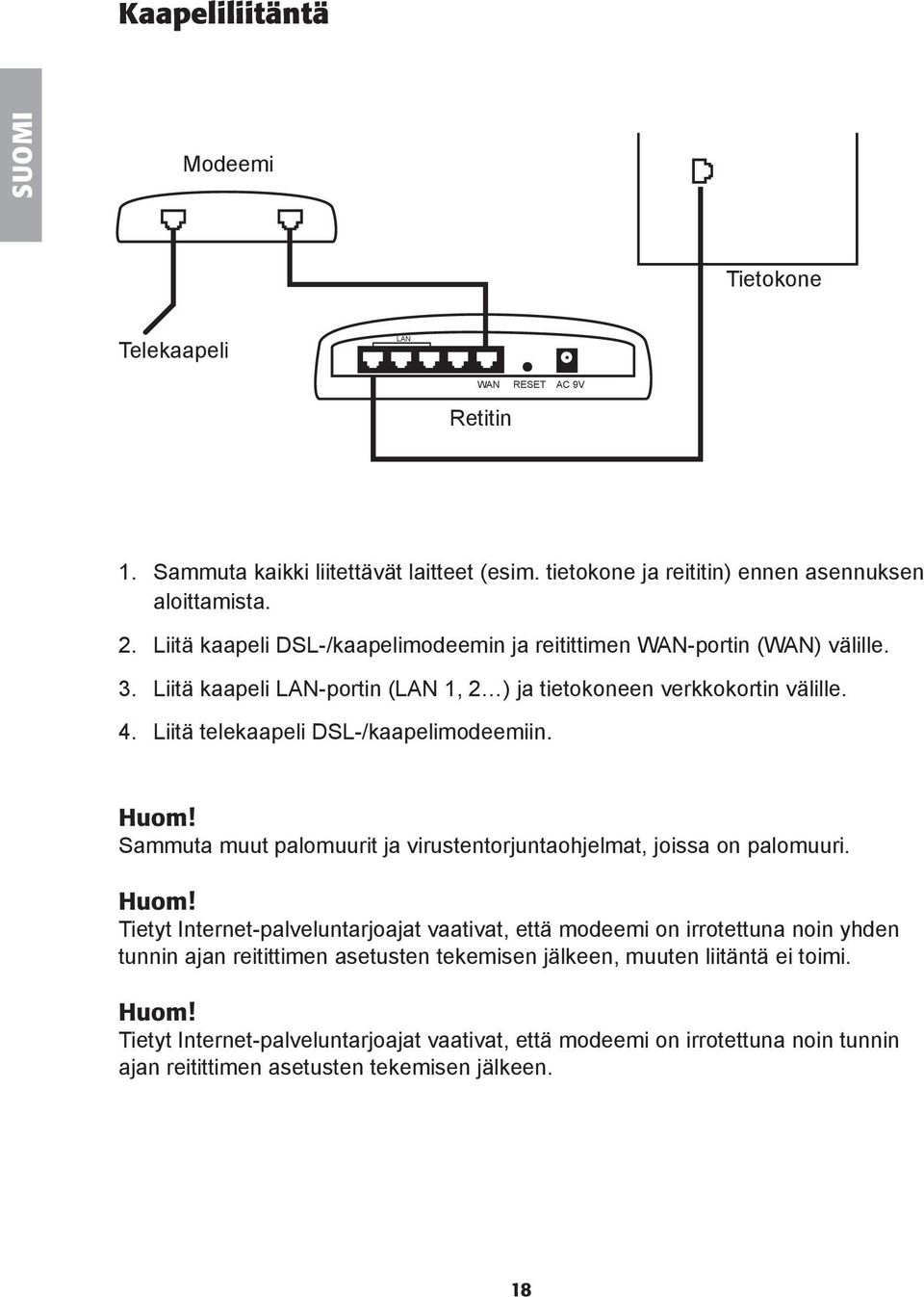 Liitä telekaapeli DSL-/kaapelimodeemiin. Huom!
