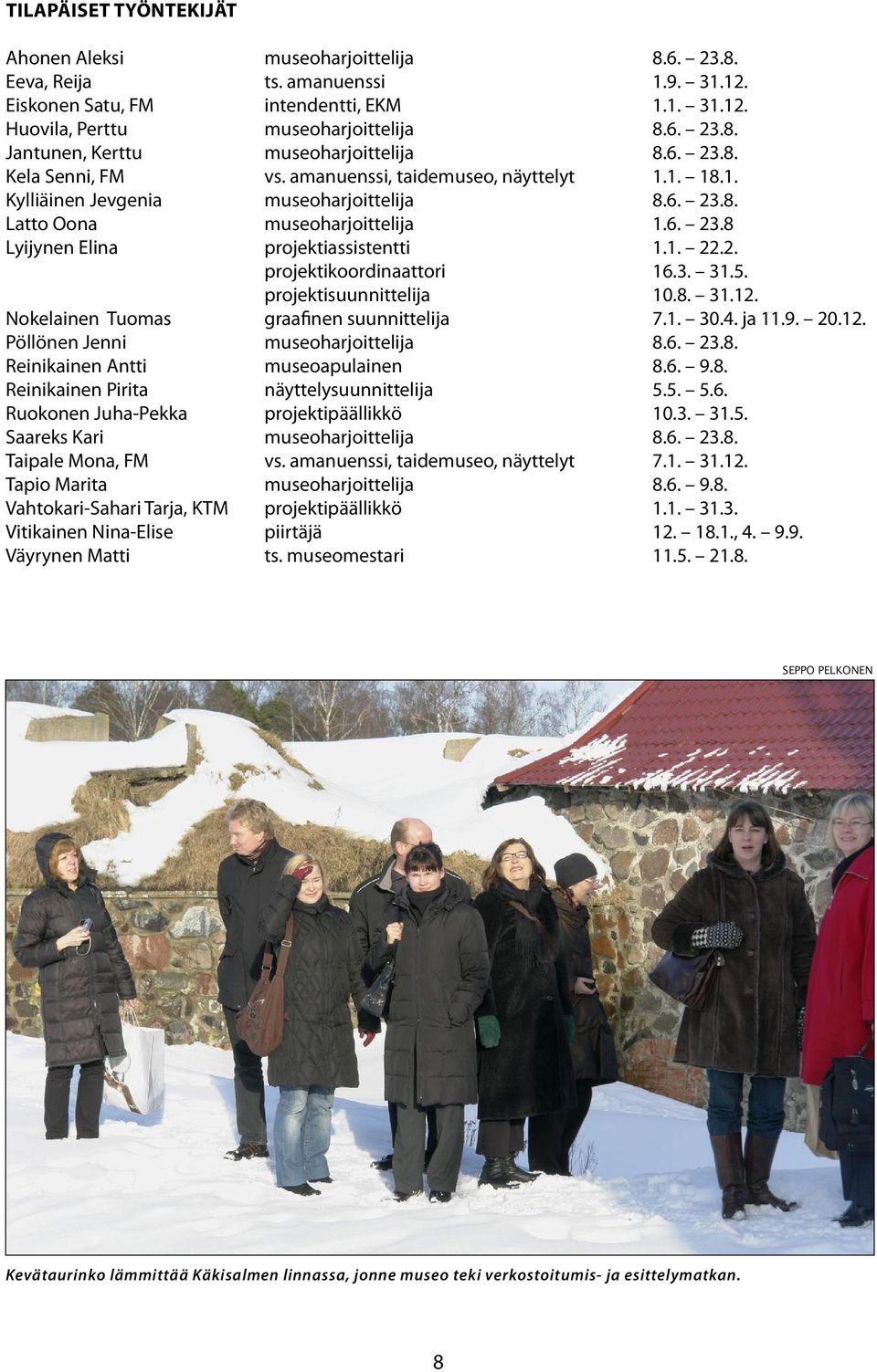2. projektikoordinaattori 6.3. 31.5. projektisuunnittelija 0.8. 31.12. Nokelainen Tuomas graafinen suunnittelija 7.1. 30.4. ja 11.9. 20.12. Pöllönen Jenni museoharjoittelija 8.6. 23.8. Reinikainen Antti museoapulainen 8.