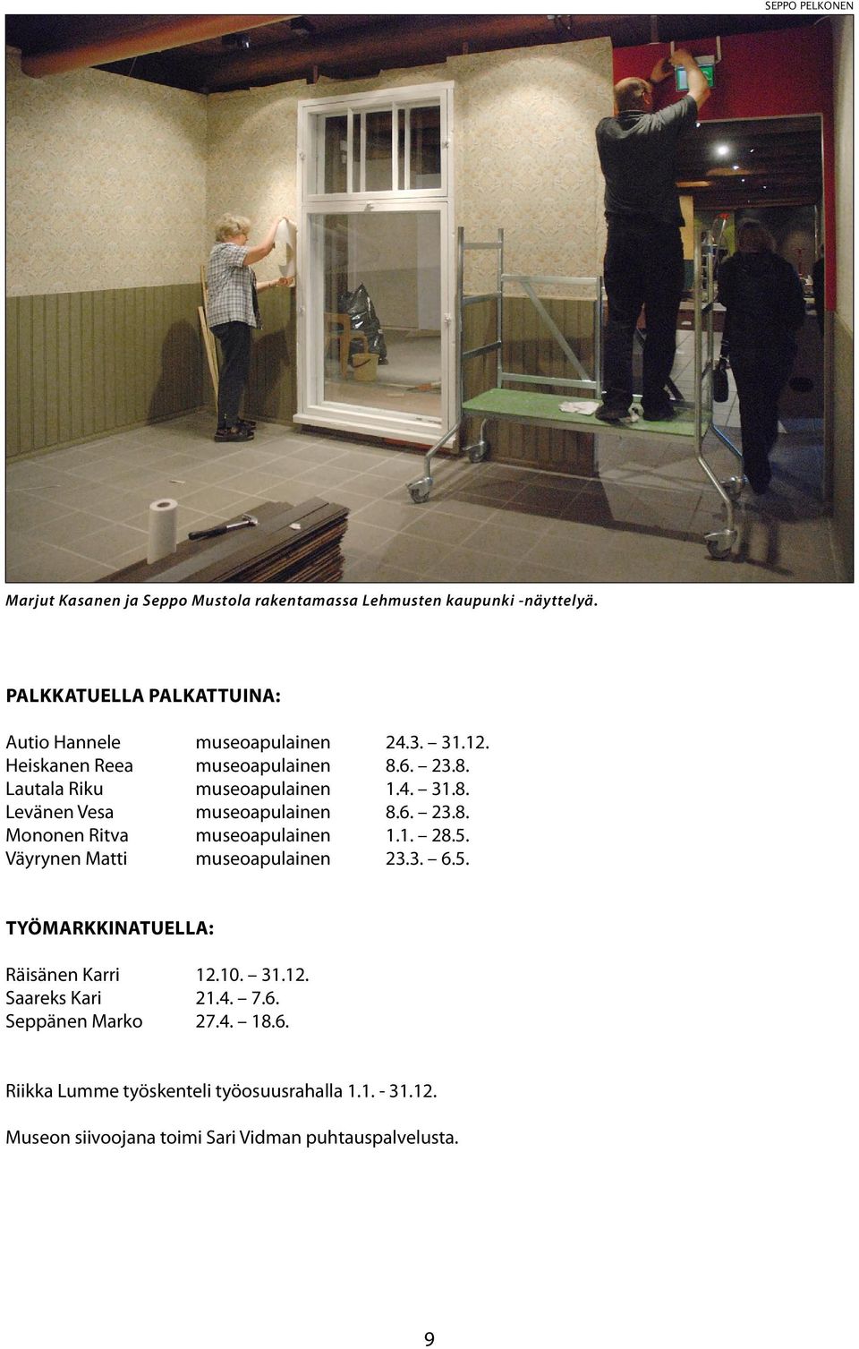 6. 23.8. Mononen Ritva museoapulainen 1.1. 28.5. Väyrynen Matti museoapulainen 23.3. 6.5. Työmarkkinatuella: Räisänen Karri 2.10. 31.12.