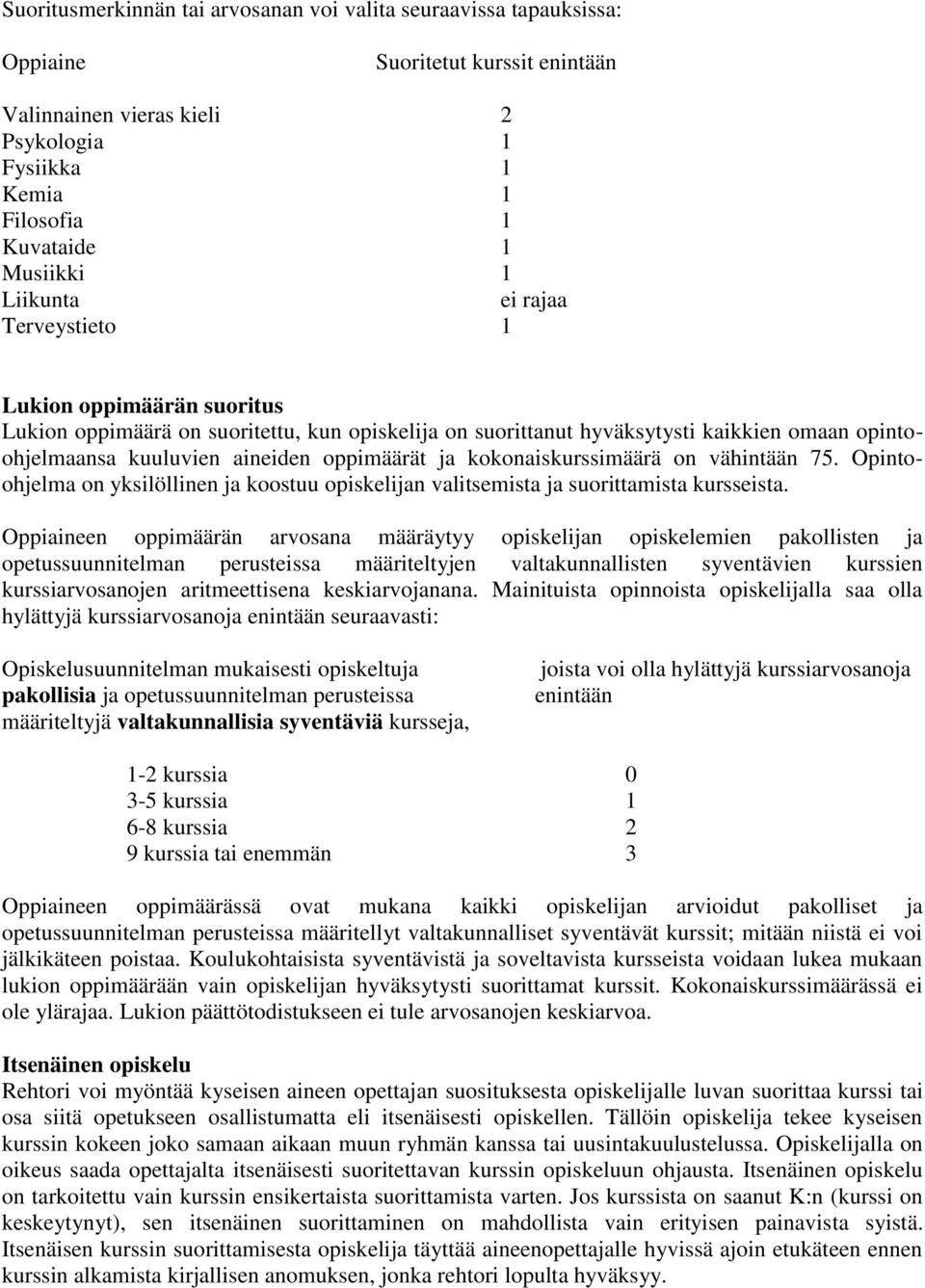 ja kokonaiskurssimäärä on vähintään 75. Opintoohjelma on yksilöllinen ja koostuu opiskelijan valitsemista ja suorittamista kursseista.