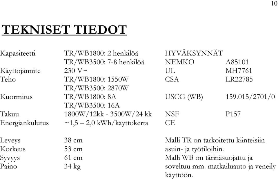 015/2701/0 TR/WB3500: 16A Takuu 1800W/12kk - 3500W/24 kk NSF P157 Energiankulutus ~1,5 2,0 kwh/käyttökerta CE Leveys 38 cm Malli TR