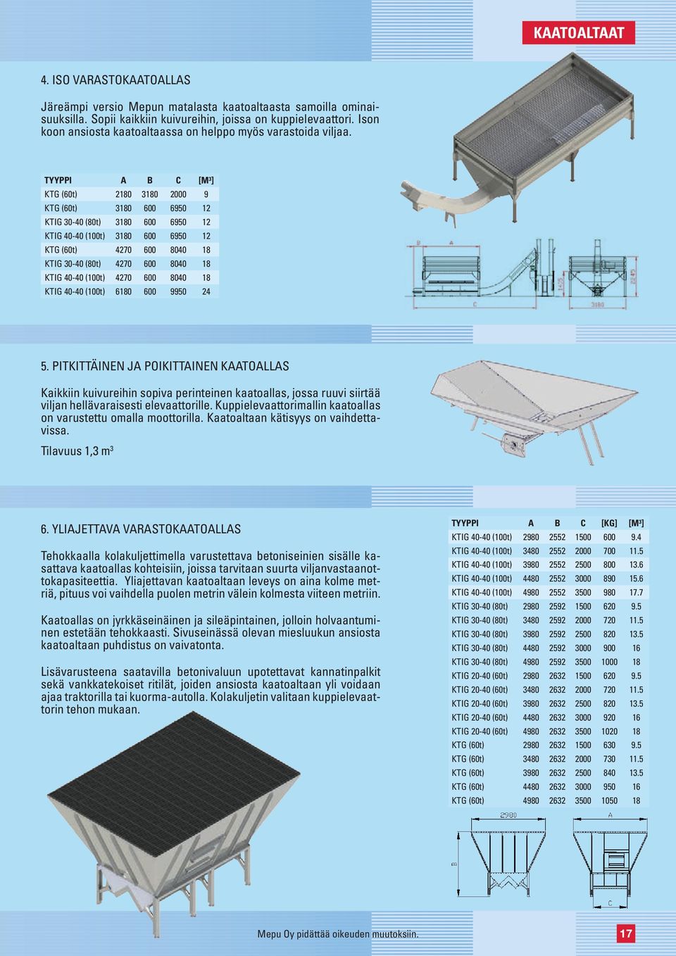 TYYPPI A B C [M³] KTG (60t) 2180 3180 2000 9 KTG (60t) 3180 600 6950 12 KTIG 30-40 (80t) 3180 600 6950 12 KTIG 40-40 (100t) 3180 600 6950 12 KTG (60t) 4270 600 8040 18 KTIG 30-40 (80t) 4270 600 8040