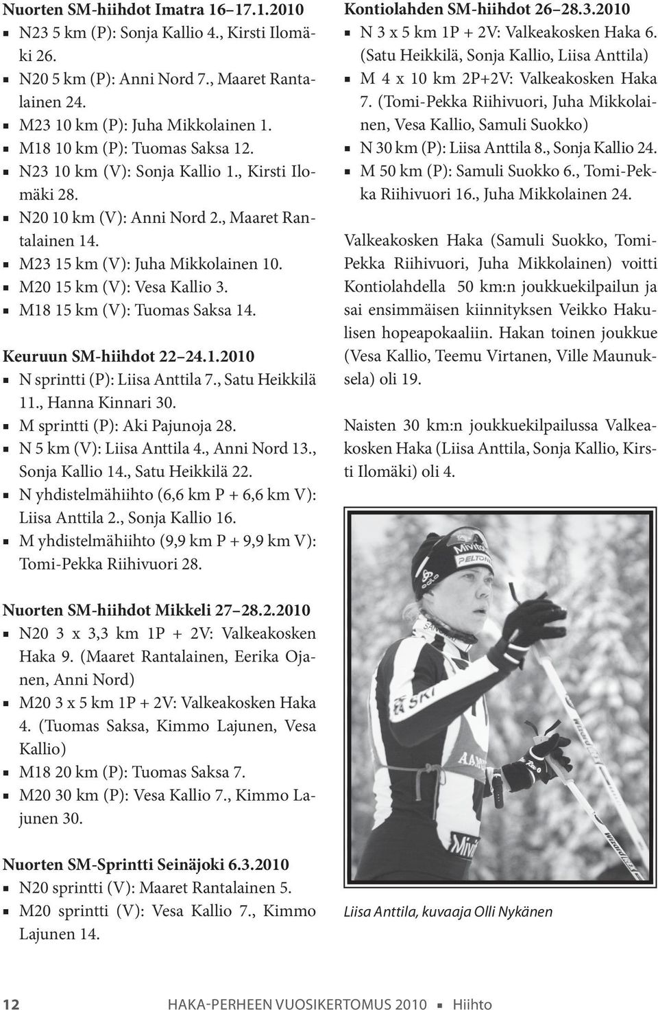 M18 15 km (V): Tuomas Saksa 14. Keuruun SM-hiihdot 22 24.1.2010 N sprintti (P): Liisa Anttila 7., Satu Heikkilä 11., Hanna Kinnari 30. M sprintti (P): Aki Pajunoja 28. N 5 km (V): Liisa Anttila 4.