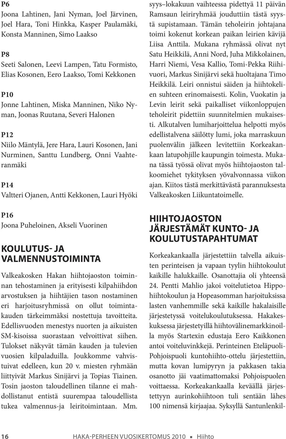 Ojanen, Antti Kekkonen, Lauri Hyöki P16 Joona Puheloinen, Akseli Vuorinen Koulutus- ja valmennustoiminta Valkeakosken Hakan hiihtojaoston toiminnan tehostaminen ja erityisesti kilpahiihdon