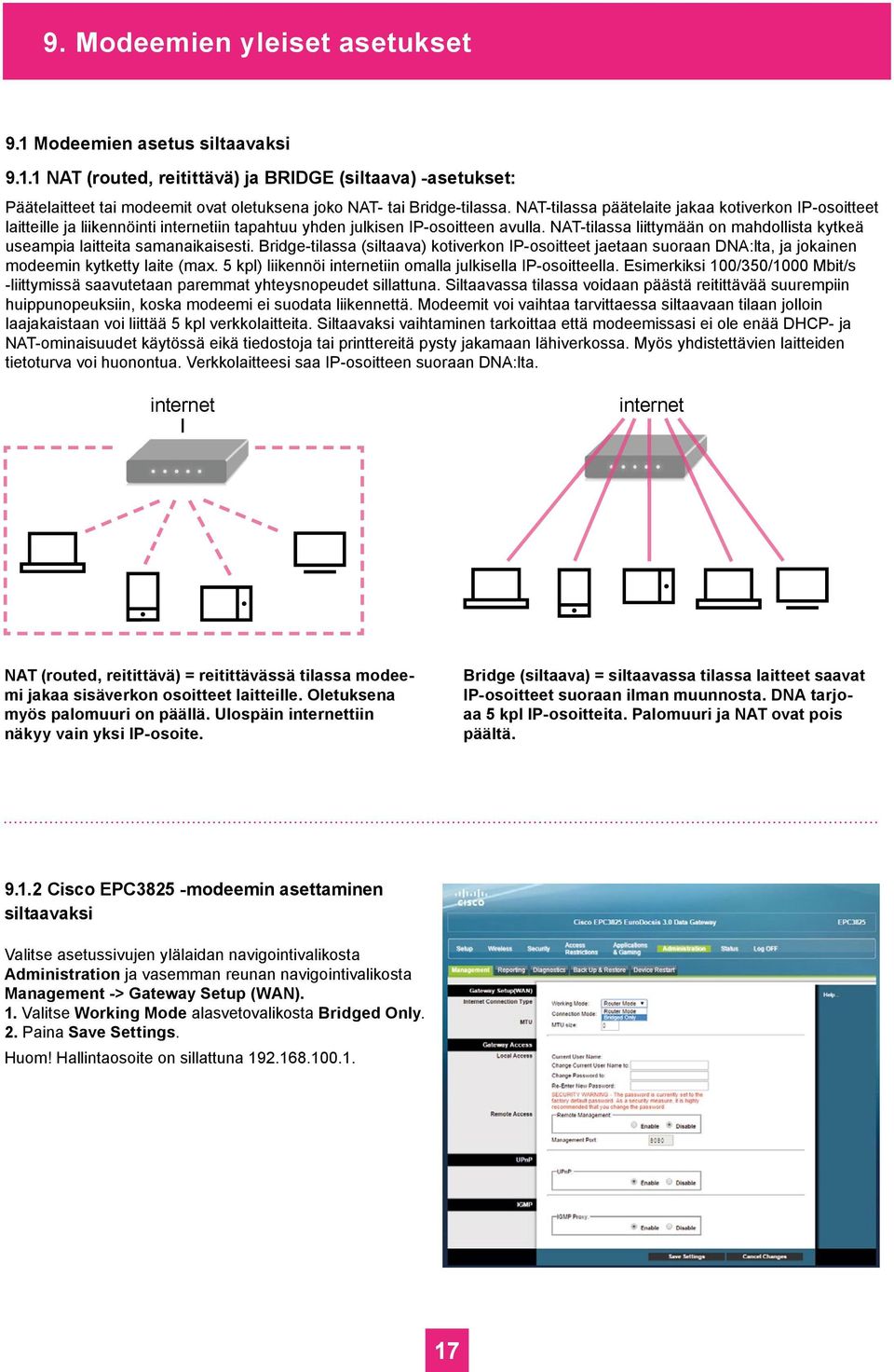 NAT-tilassa liittymään on mahdollista kytkeä useampia laitteita samanaikaisesti. Bridge-tilassa (siltaava) kotiverkon IP-osoitteet jaetaan suoraan DNA:lta, ja jokainen modeemin kytketty laite (max.