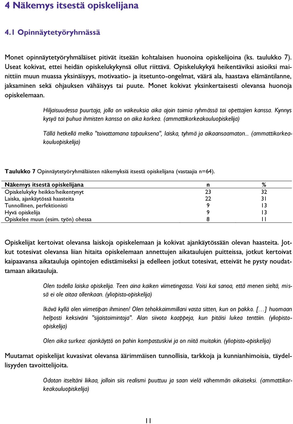 Opiskelukykyä heikentäviksi asioiksi mainittiin muun muassa yksinäisyys, motivaatio- ja itsetunto-ongelmat, väärä ala, haastava elämäntilanne, jaksaminen sekä ohjauksen vähäisyys tai puute.