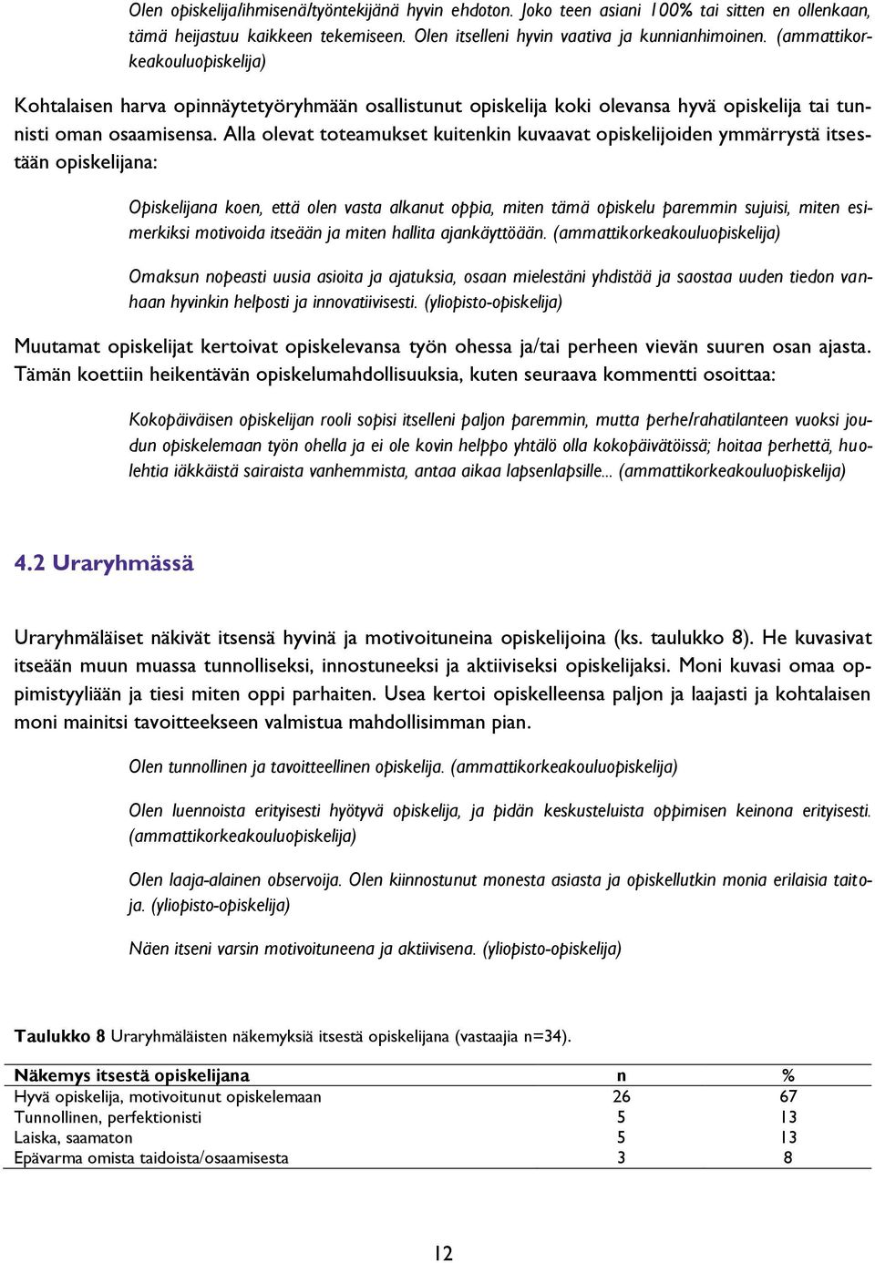 Alla olevat toteamukset kuitenkin kuvaavat opiskelijoiden ymmärrystä itsestään opiskelijana: Opiskelijana koen, että olen vasta alkanut oppia, miten tämä opiskelu paremmin sujuisi, miten esimerkiksi