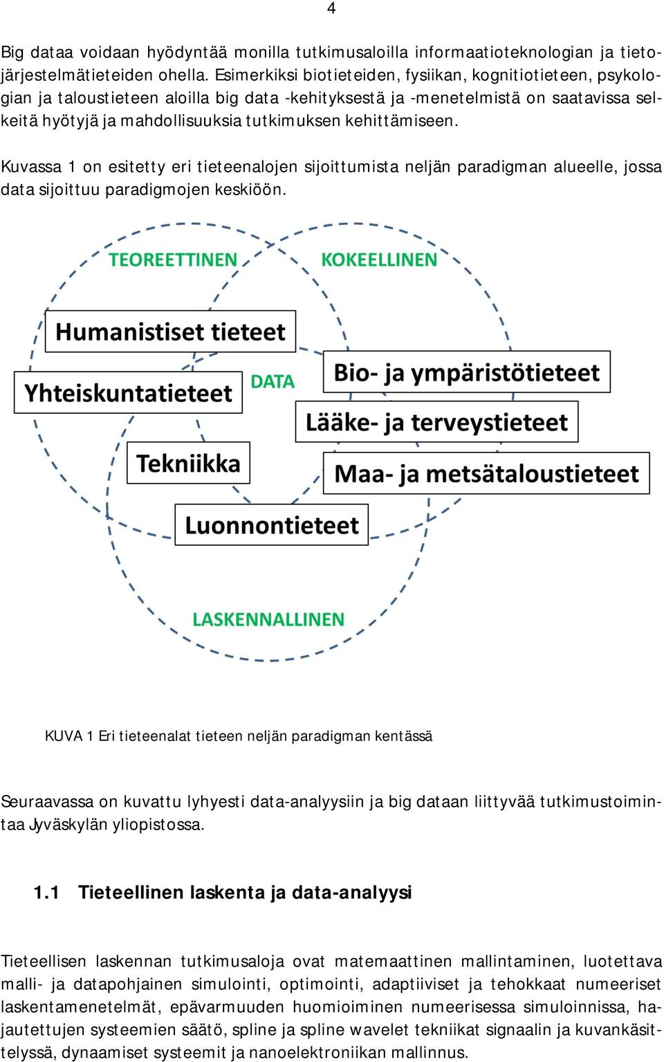 kehittämiseen. Kuvassa 1 on esitetty eri tieteenalojen sijoittumista neljän paradigman alueelle, jossa data sijoittuu paradigmojen keskiöön.