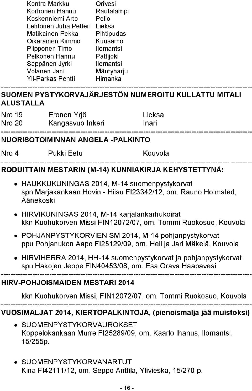 PYSTYKORVAJÄRJESTÖN NUMEROITU KULLATTU MITALI ALUSTALLA Nro 19 Eronen Yrjö Lieksa Nro 20 Kangasvuo Inkeri Inari