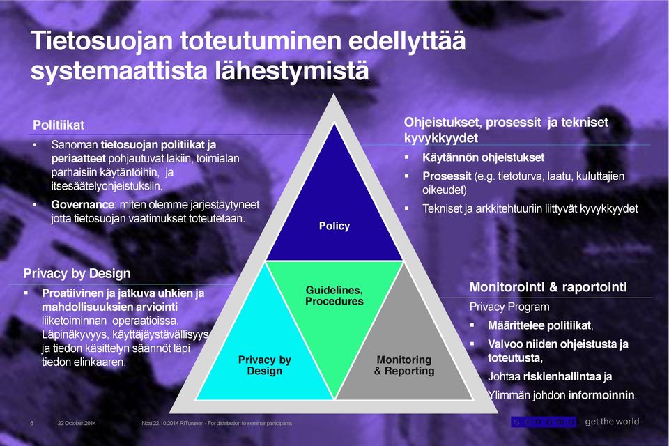 Policy Ohjeistukset, prosessit ja tekniset kyvykkyydet Käytännön ohjeistukset Prosessit (e.g.