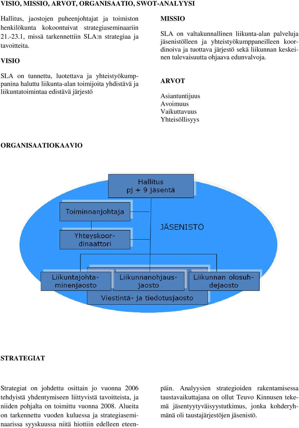 VISIO SLA on tunnettu, luotettava ja yhteistyökumppanina haluttu liikunta-alan toimijoita yhdistävä ja liikuntatoimintaa edistävä järjestö MISSIO SLA on valtakunnallinen liikunta-alan palveluja