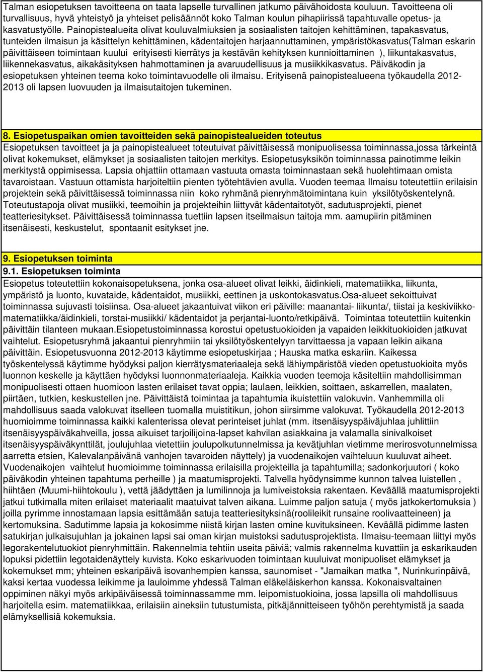 Painopistealueita olivat kouluvalmiuksien ja sosiaalisten taitojen kehittäminen, tapakasvatus, tunteiden ilmaisun ja käsittelyn kehittäminen, kädentaitojen harjaannuttaminen, ympäristökasvatus(talman