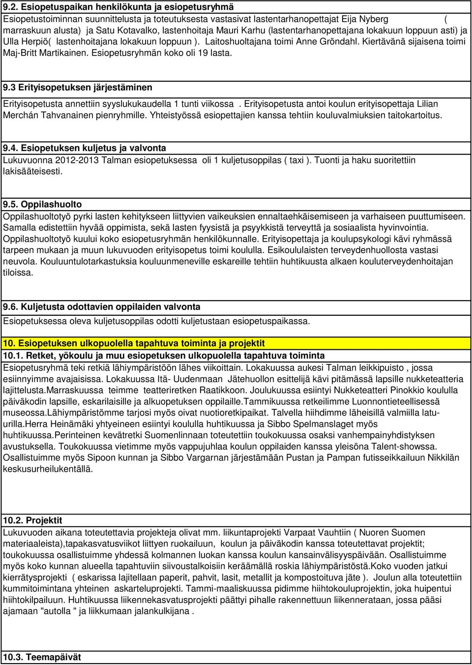 Kiertävänä sijaisena toimi Maj-Britt Martikainen. Esiopetusryhmän koko oli 19 lasta. 9.3 Erityisopetuksen järjestäminen Erityisopetusta annettiin syyslukukaudella 1 tunti viikossa.