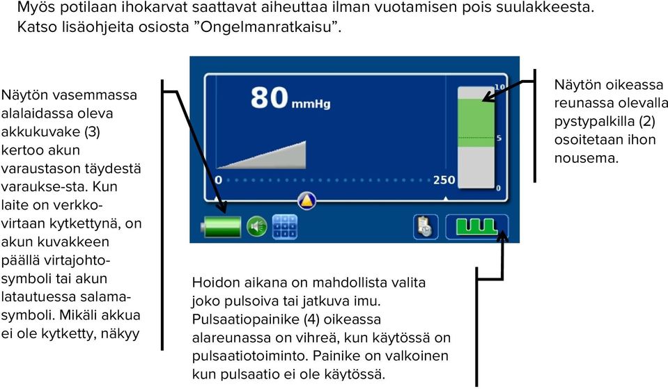 Kun laite on verkkovirtaan kytkettynä, on akun kuvakkeen päällä virtajohtosymboli tai akun latautuessa salamasymboli.