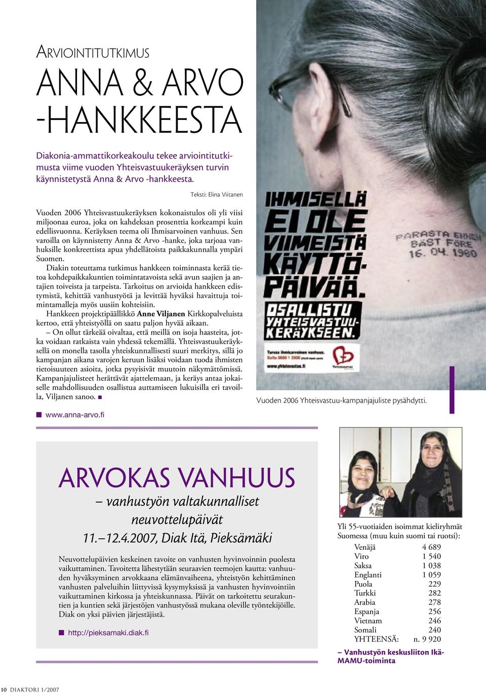 Keräyksen teema oli Ihmisarvoinen vanhuus. Sen varoilla on käynnistetty Anna & Arvo -hanke, joka tarjoaa vanhuksille konkreettista apua yhdellätoista paikkakunnalla ympäri Suomen.