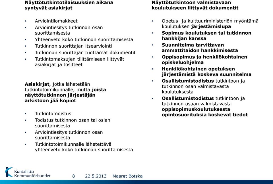 lähetetään tutkintotoimikunnalle, mutta joista näyttötutkinnon järjestäjän arkistoon jää kopiot Tutkintotodistus Todistus tutkinnon osan tai osien suorittamisesta Arviointiesitys tutkinnon osan