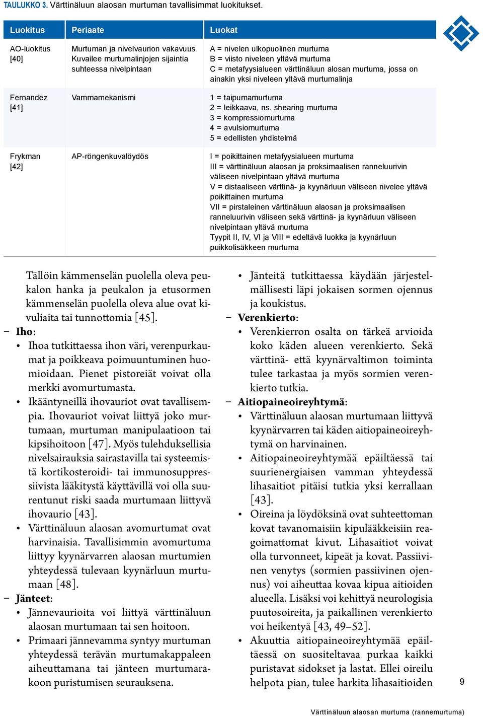 = nivelen ulkopuolinen murtuma B = viisto niveleen yltävä murtuma C = metafyysialueen värttinäluun alosan murtuma, jossa on ainakin yksi niveleen yltävä murtumalinja 1 = taipumamurtuma 2 = leikkaava,