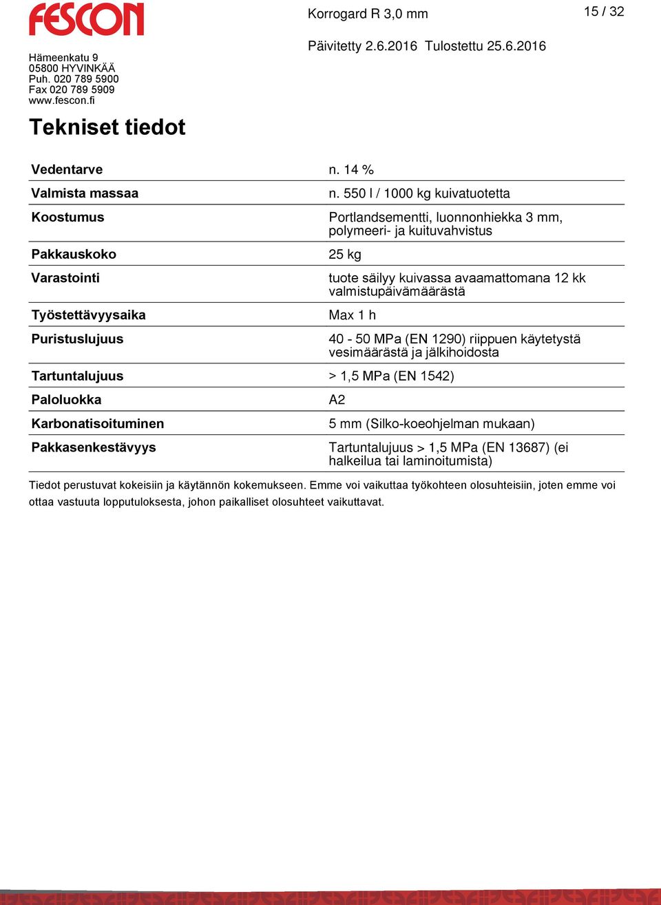 1290) riippuen käytetystä vesimäärästä ja jälkihoidosta Tartuntalujuus > 1,5 MPa (EN 1542) Paloluokka Karbonatisoituminen Pakkasenkestävyys A2 5 mm (Silko-koeohjelman mukaan) Tartuntalujuus >